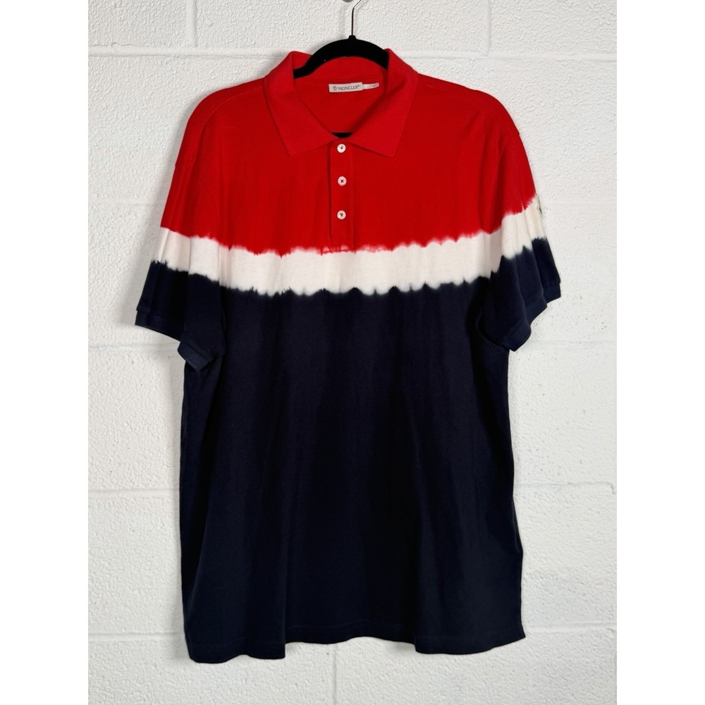 Moncler Mens XL Red Navy White Colorblock Polo Shirt Cotton Short Sleeve Logo